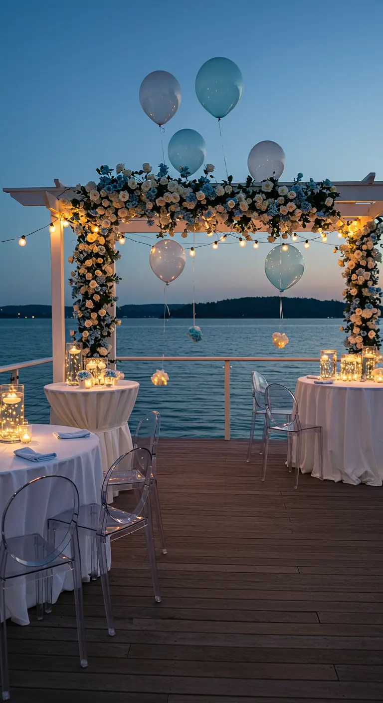 Terrasse au bord de l'eau avec pergola décorée de roses bleues et blanches, lumières et ballons bleus.