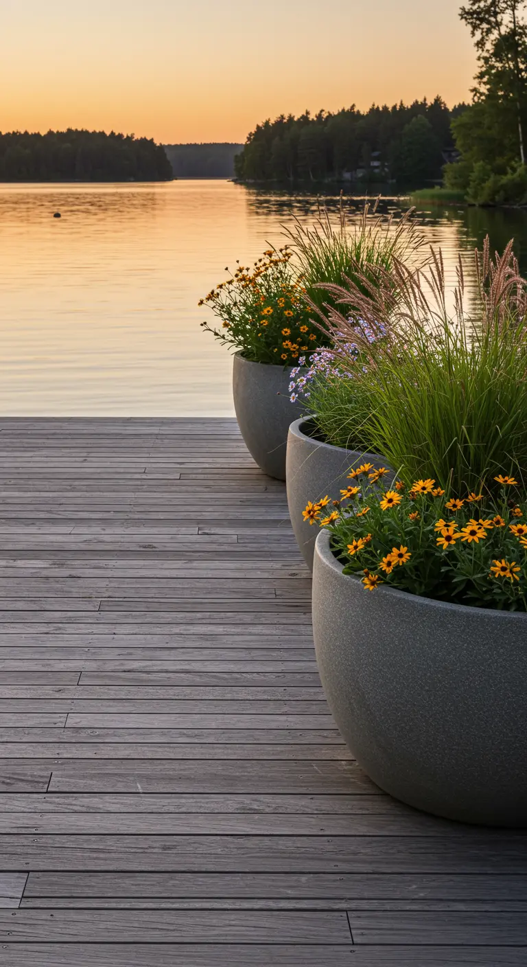 Trois grands pots ronds gris sur une jetée en bois au coucher du soleil.