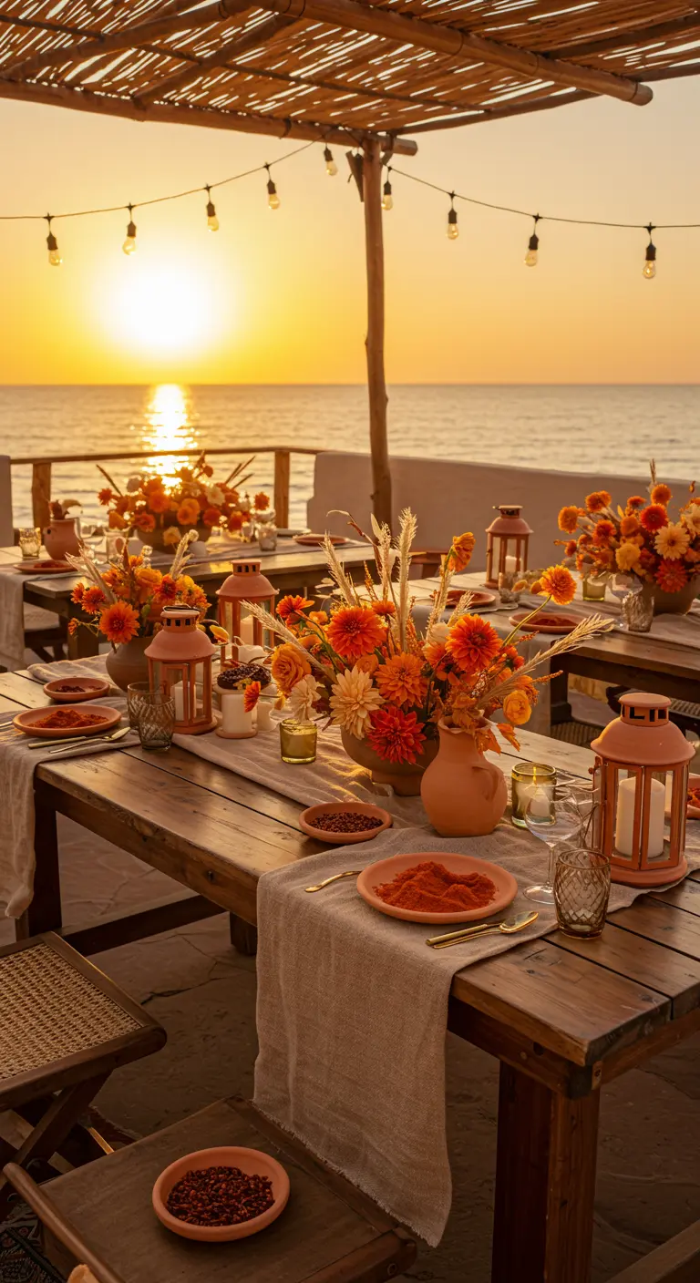 Table en bois face à la mer au coucher du soleil, déco orange et terracotta.