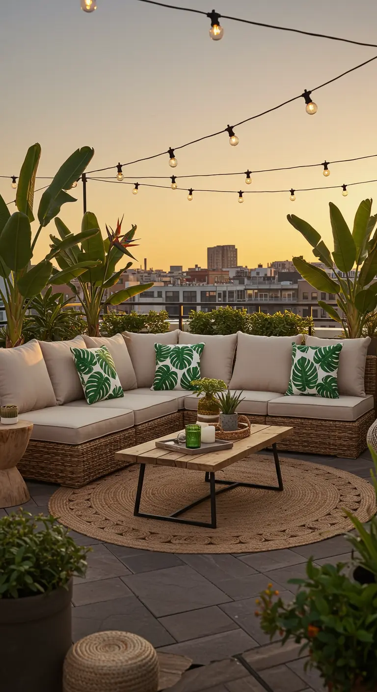 Canapé d'angle en rotin sur un rooftop au coucher du soleil, avec plantes tropicales et guirlandes.