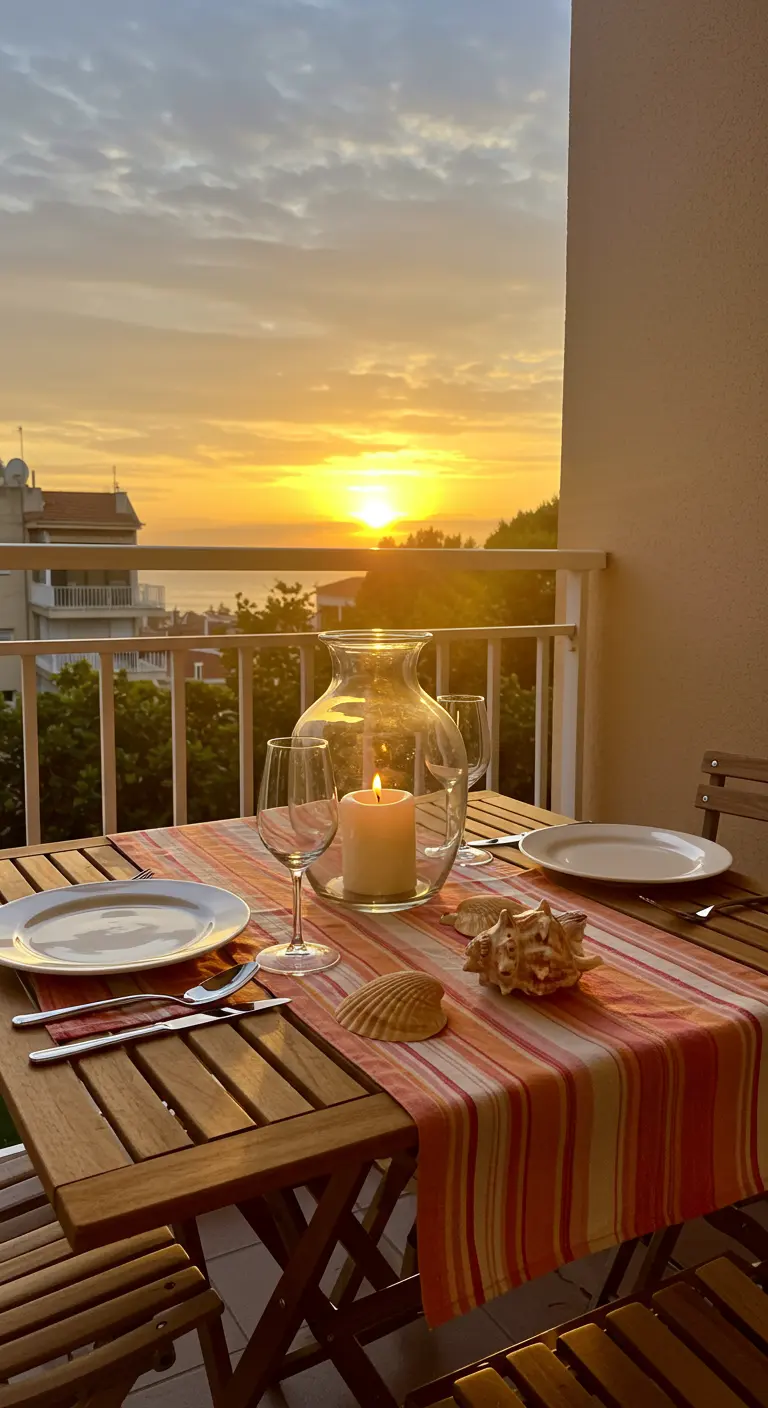 Table de balcon au coucher du soleil avec une grande bougie, des verres à vin et des coquillages.