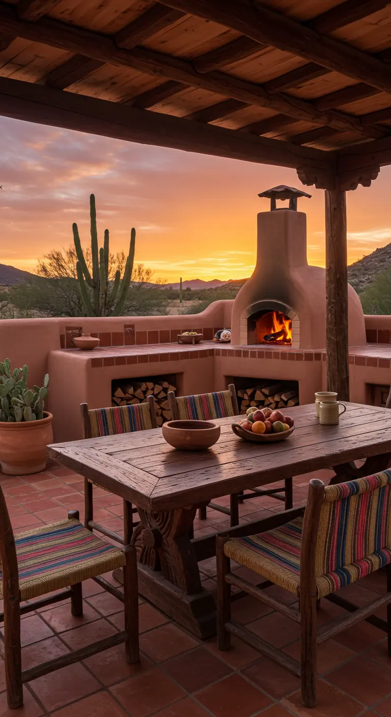 Cuisine extérieure de style adobe avec four à pizza et vue sur le désert.