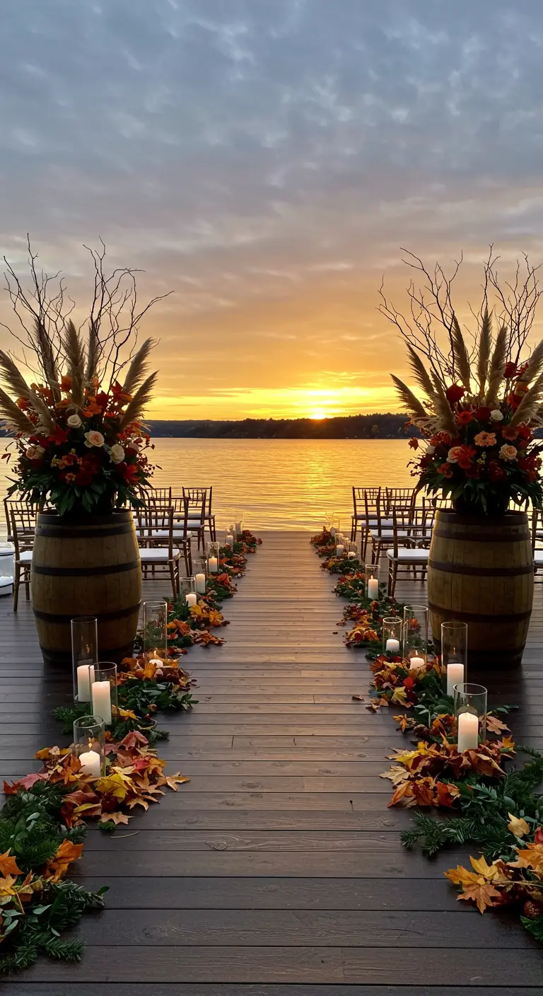 Allée de cérémonie sur un ponton au bord d'un lac au coucher du soleil.