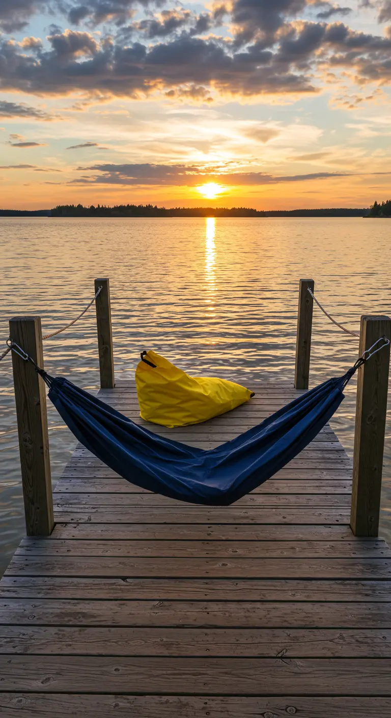 Hamac bleu et pouf jaune sur un ponton en bois au coucher du soleil.