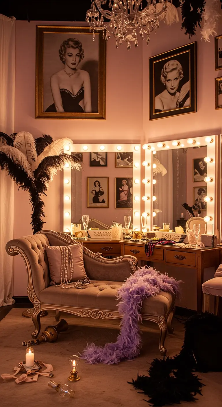 Coin boudoir glamour avec miroir à ampoules, chaise longue en velours et boas à plumes.