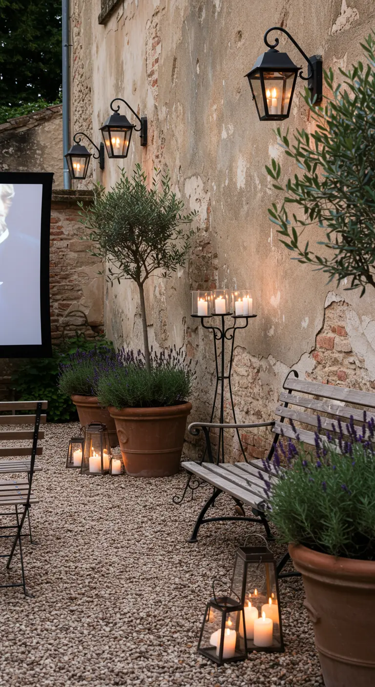 Cour rustique avec murs en pierre, lanternes, bougies et plantes en pot pour une soirée film.