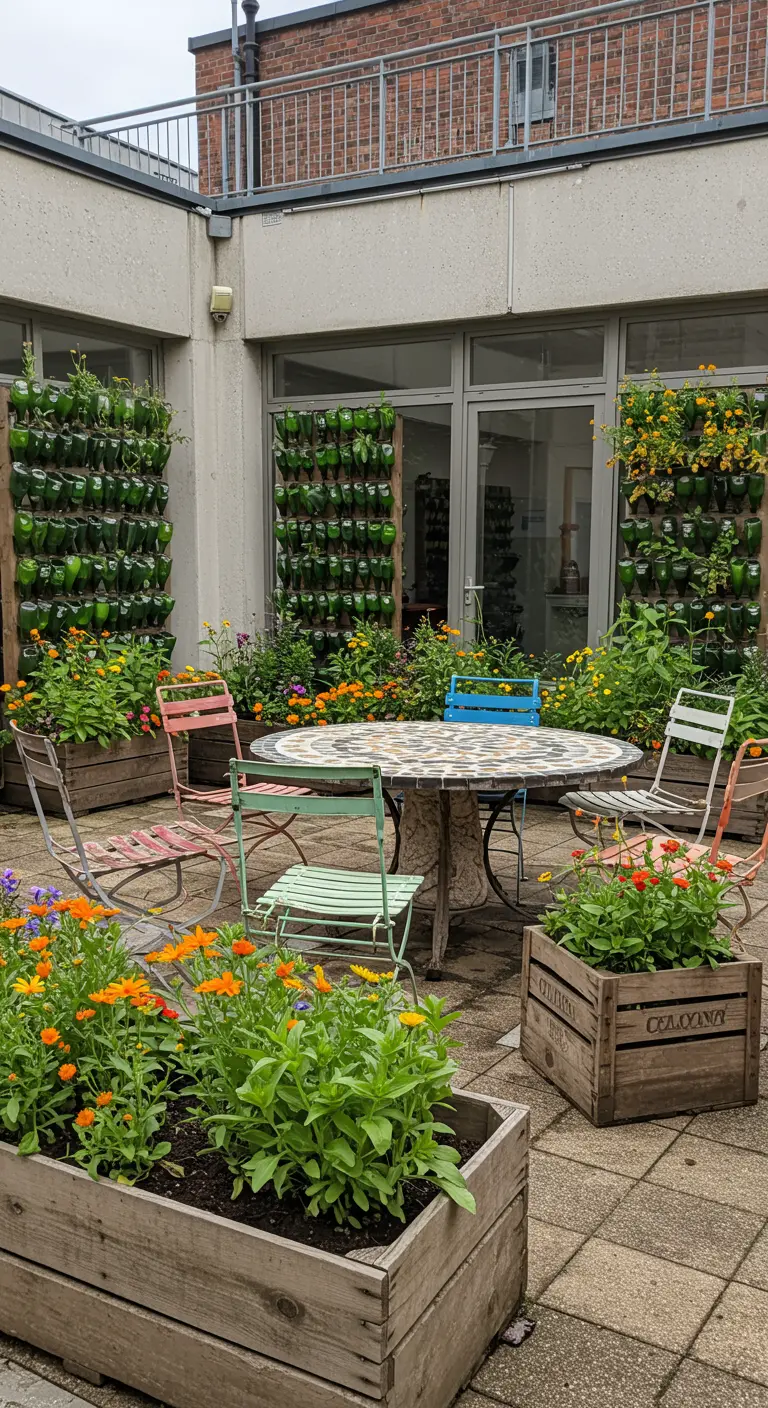 Cour intérieure avec murs végétaux de bouteilles, jardinières en bois, table mosaïque et chaises variées
