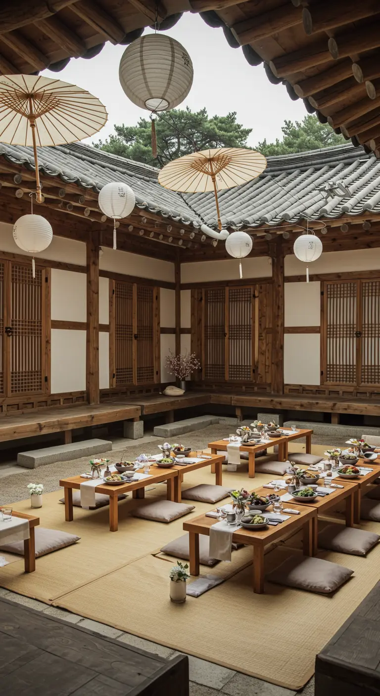 Cour intérieure traditionnelle coréenne avec tables basses en bois, lampions blancs et ombrées claires.