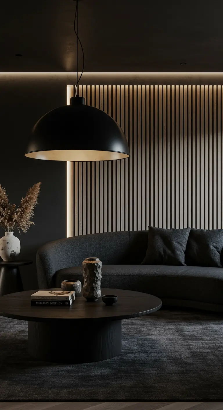 Salon sombre avec canapé incurvé, mur à lattes de bois clair éclairé par LED, table basse ronde et suspension.