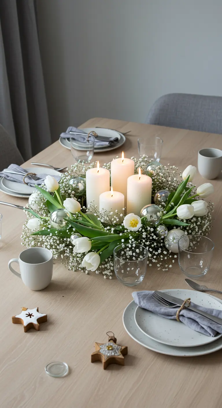 Couronne de gypsophile et tulipes blanches avec bougies au centre d'une table en bois clair.