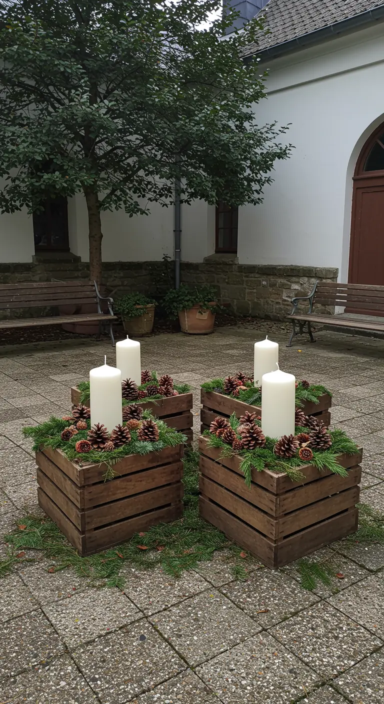 Quatre caisses en bois disposées en carré, chacune avec une grande bougie et de la verdure.