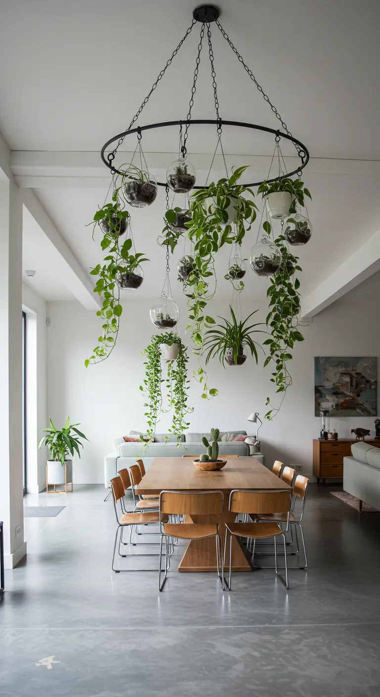 Grande couronne métallique suspendue avec divers pots et terrariums de plantes retombantes au-dessus d'une table.