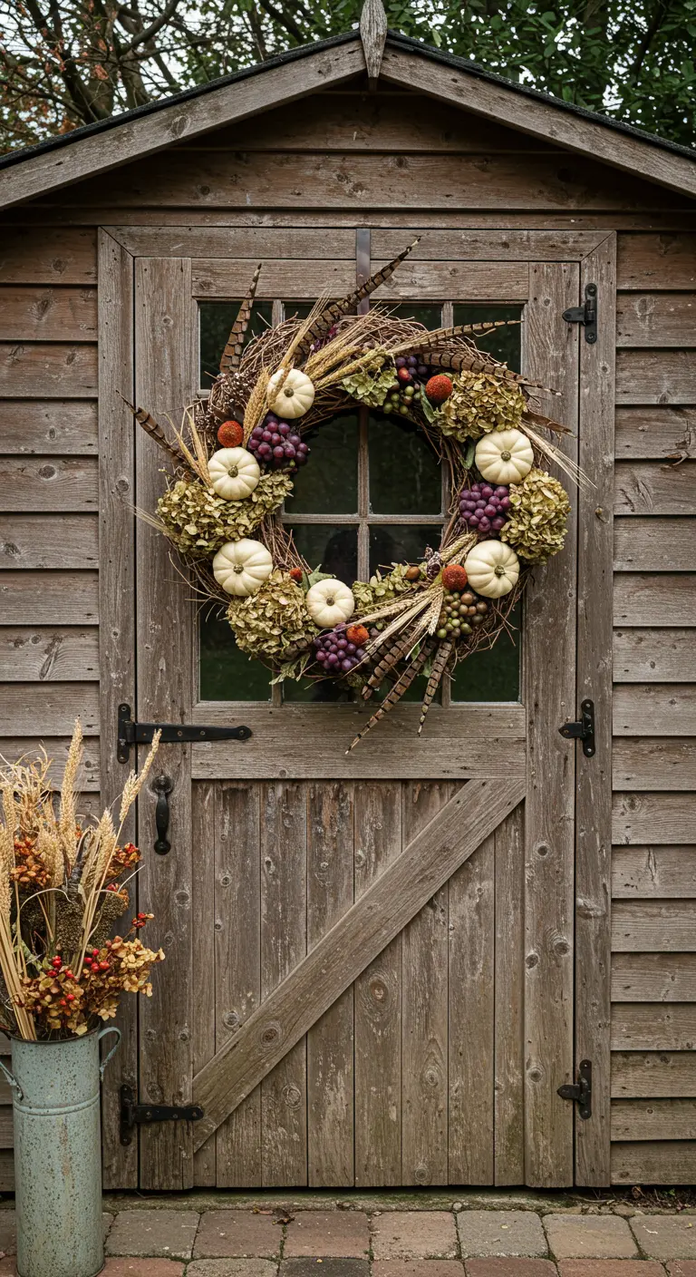 Une couronne d'automne avec des citrouilles blanches et des plumes sur une porte en bois.