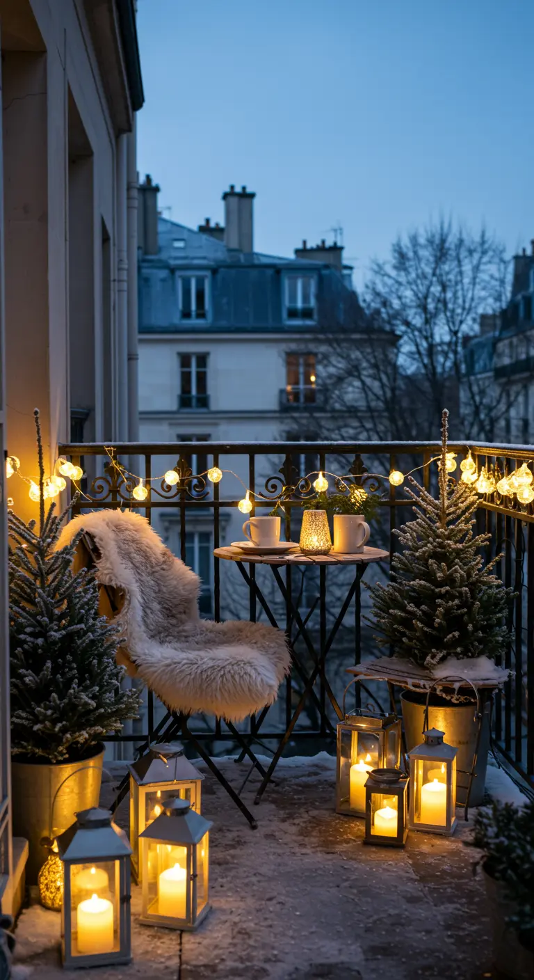 Petit balcon enneigé avec guirlandes, sapins en pot, chaise en fausse fourrure et lanternes. 