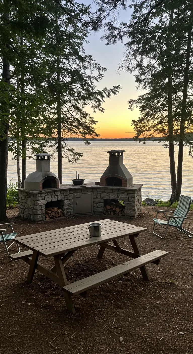 Deux fours à pizza en pierre au bord d'un lac au coucher du soleil.