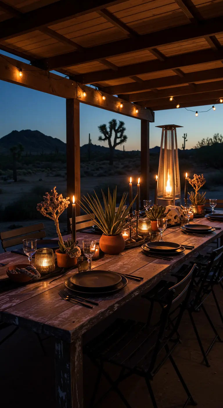 Table en extérieur au crépuscule avec des succulentes et un crâne en décoration.
