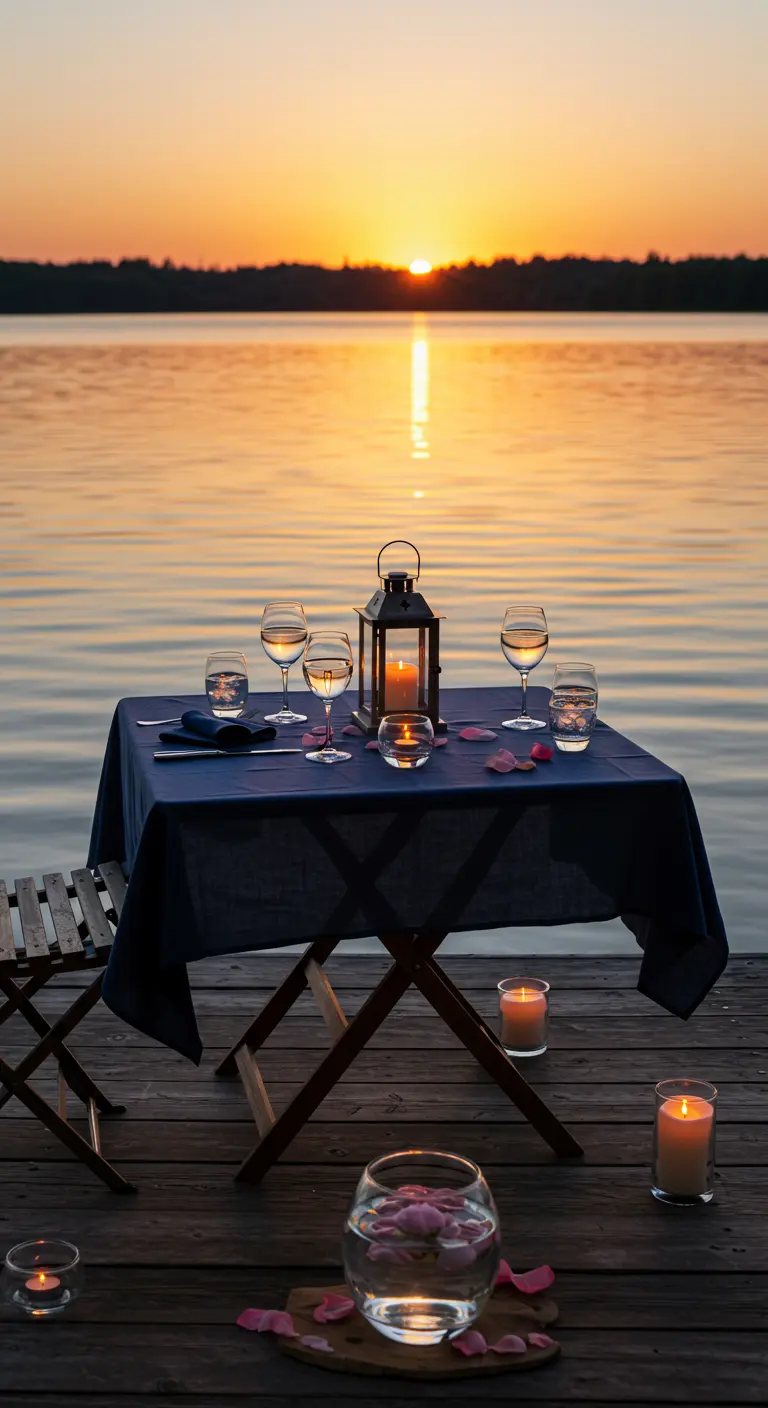 Table dressée sur un ponton en bois au bord d'un lac, face à un coucher de soleil.