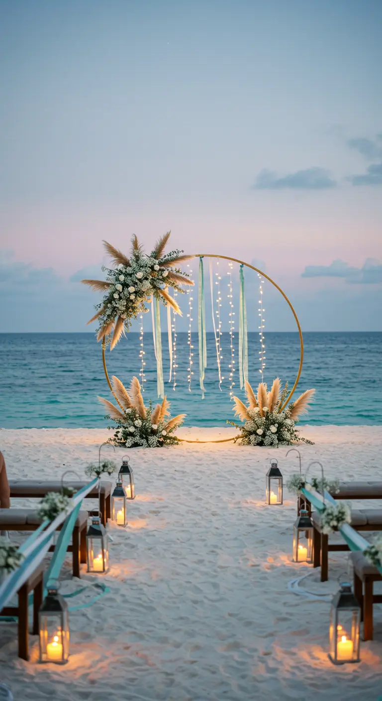 Arche de mariage circulaire dorée sur la plage avec lumières et herbe de la pampa.