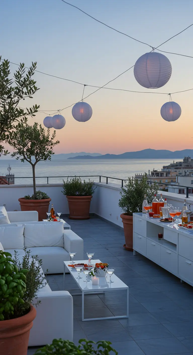 Terrasse moderne avec mobilier blanc, lampions en papier et vue sur la mer au crépuscule.