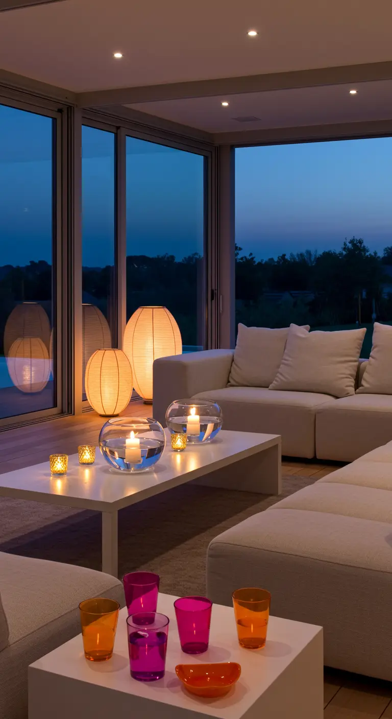 Salon moderne au crépuscule avec des bougies flottantes et des lampes en papier