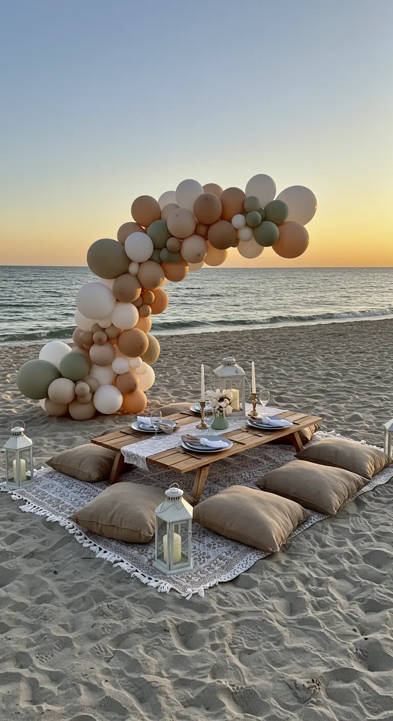 Arche de ballons dans des tons naturels sur une plage au coucher du soleil.