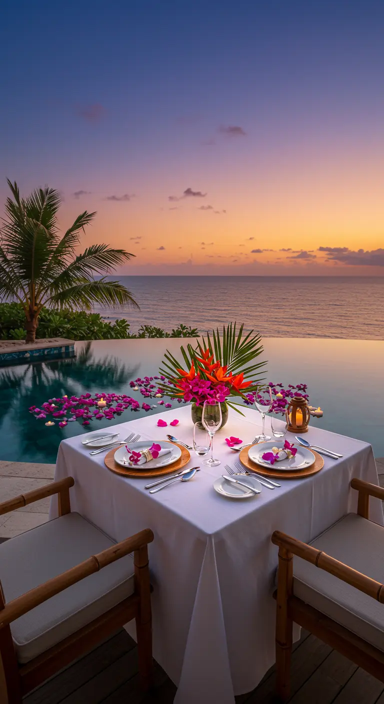 Dîner au bord d'une piscine au coucher du soleil, avec un centre de table tropical et des fleurs flottantes.