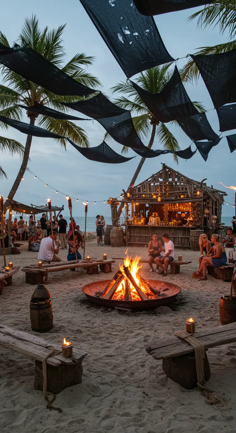 Fête pirate sur la plage au crépuscule avec un feu de camp, des voiles noires et un bar en bois.
