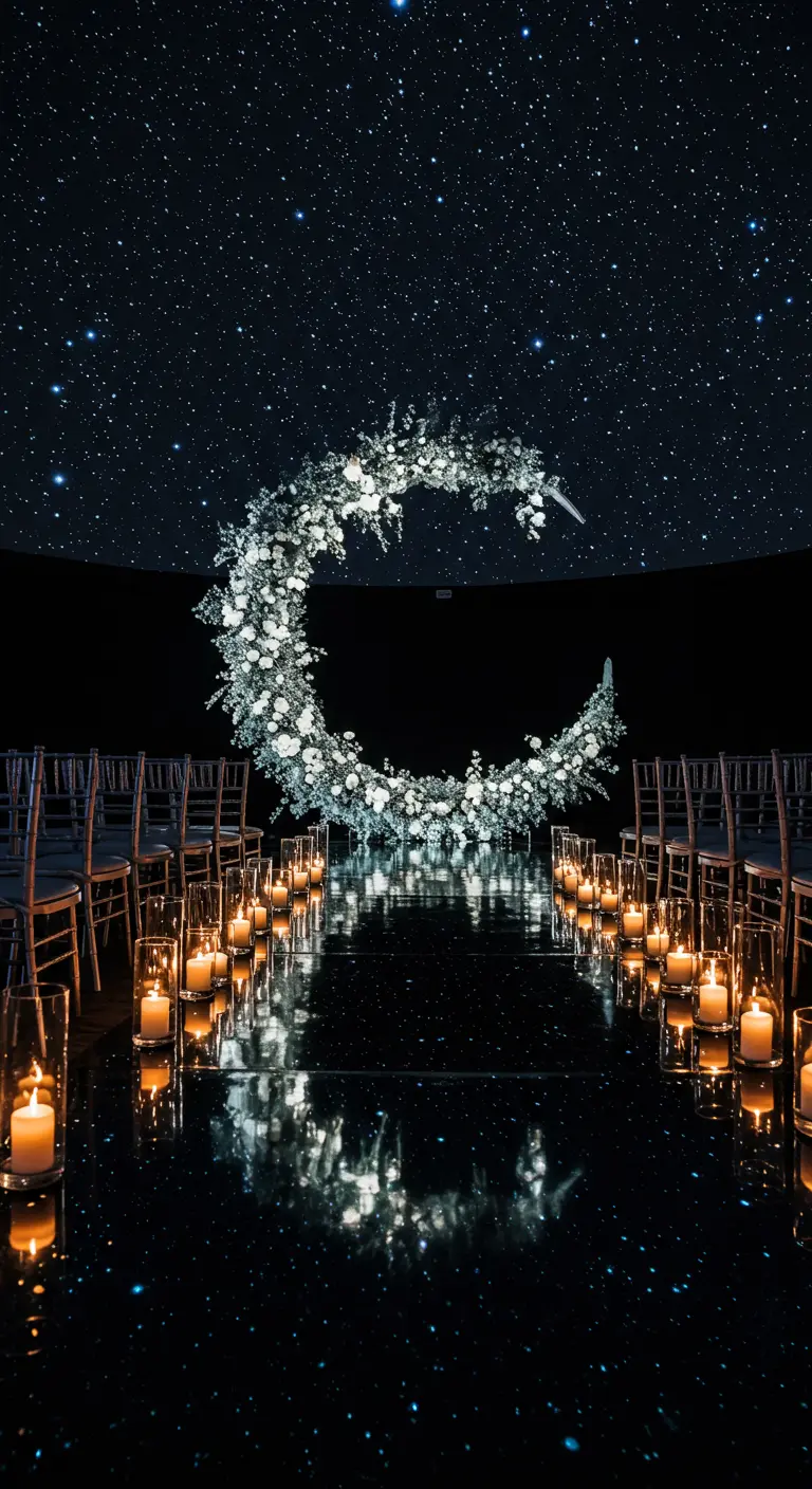 Arche florale en forme de lune sous un plafond étoilé.