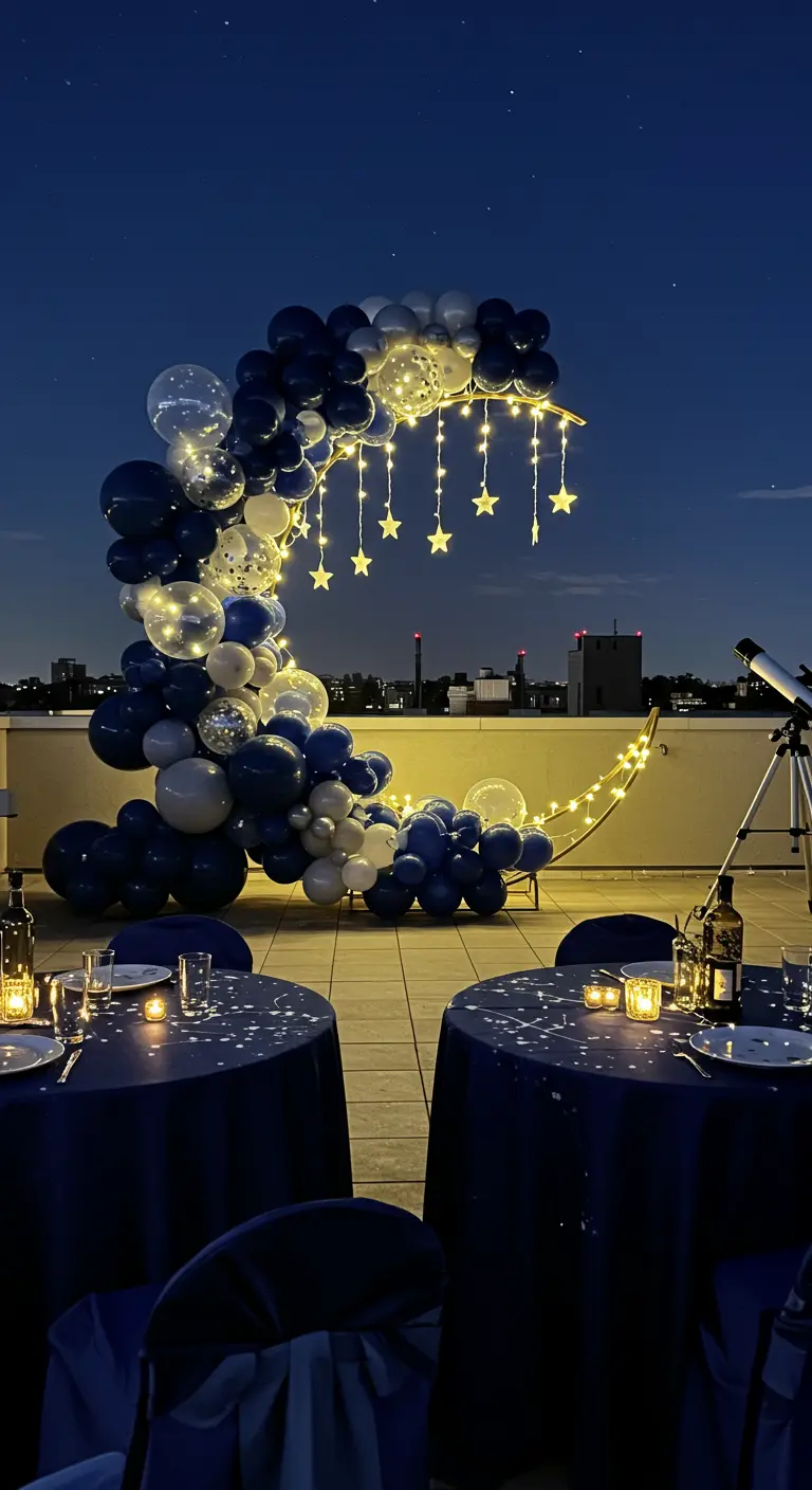 Arche de ballons en forme de lune avec des guirlandes lumineuses sur un toit la nuit.