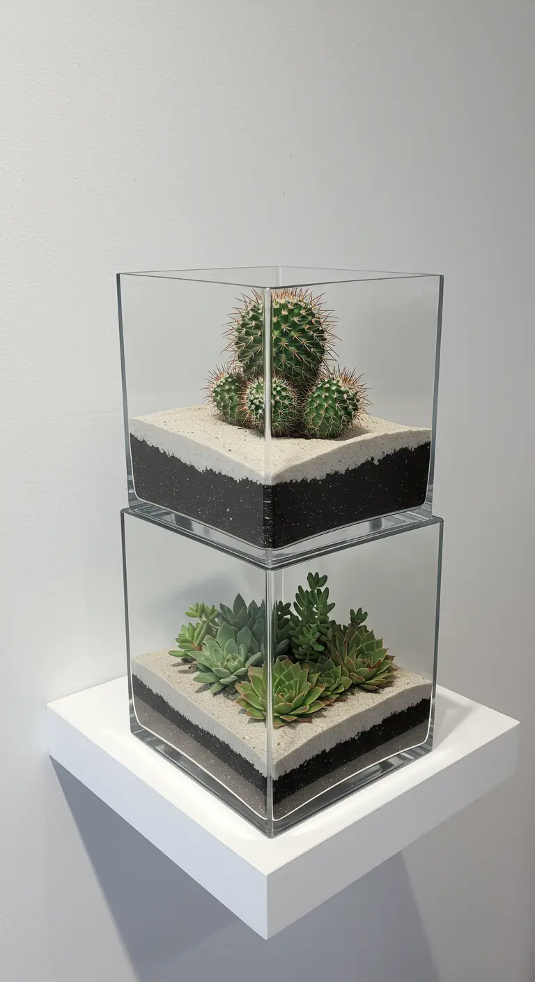 Deux terrariums cubiques empilés, un avec cactus, l'autre avec succulentes et sable bicolore.