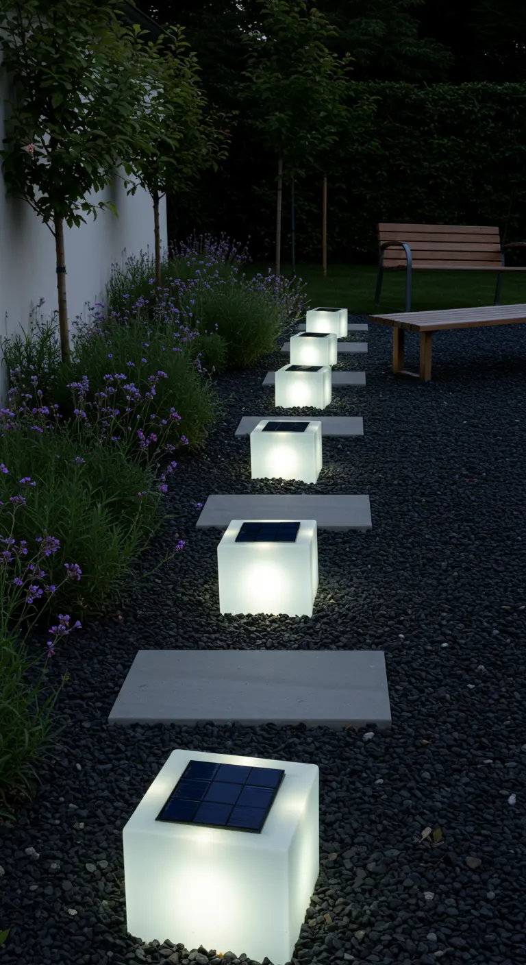 Allée de jardin avec des cubes lumineux solaires placés entre les pas japonais.