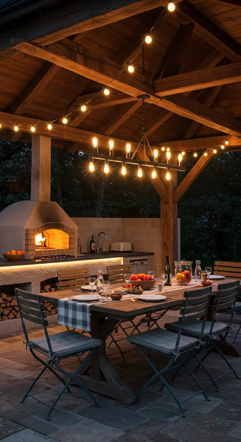 Cuisine d'extérieur et salle à manger sous une pergola en bois avec guirlandes lumineuses et cheminée.