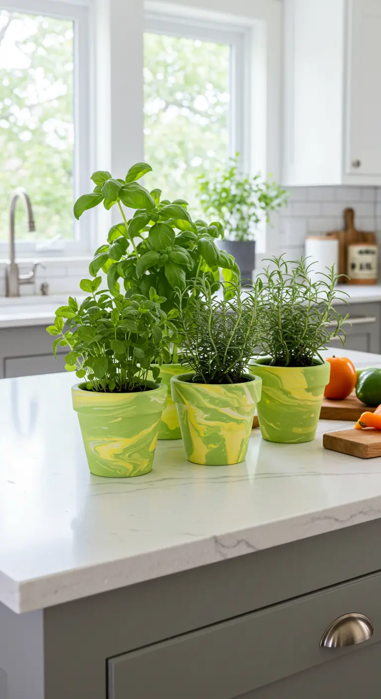Pots marbrés jaunes et verts avec des herbes aromatiques sur un îlot de cuisine.