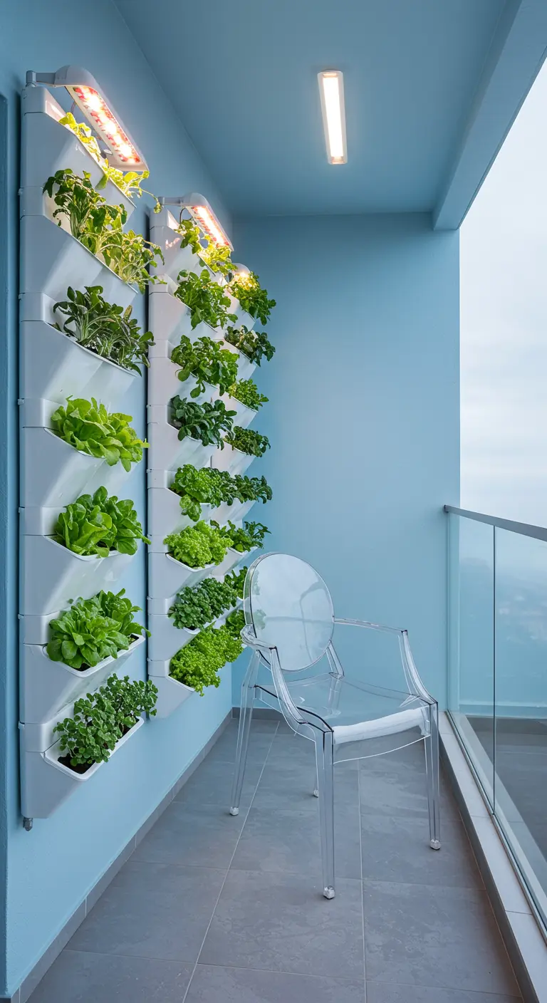 Jardin vertical hydroponique blanc avec éclairage LED, rangées de salades et herbes, chaise transparente.