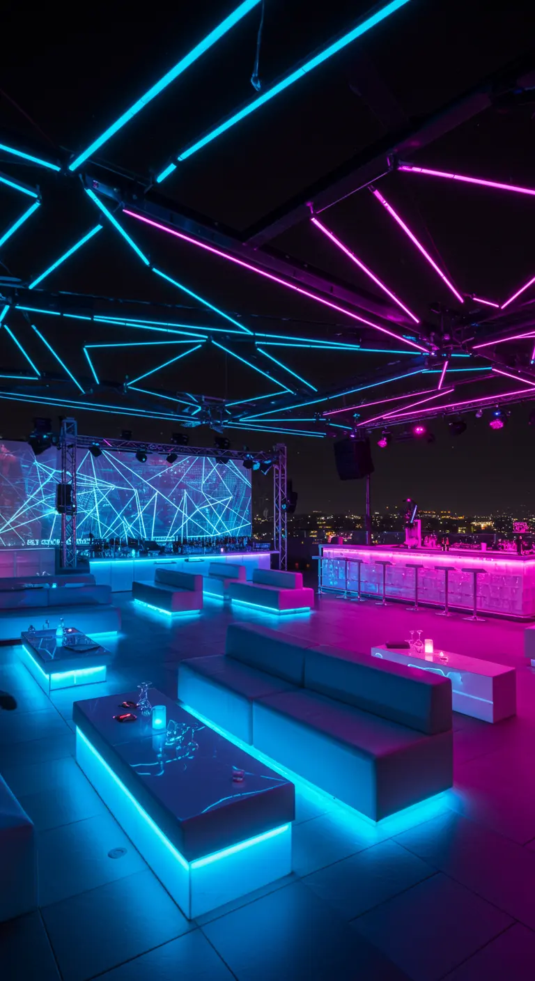 Rooftop bar futuriste avec éclairage néon bleu et rose, mobilier éclairé par LED et écran géant.