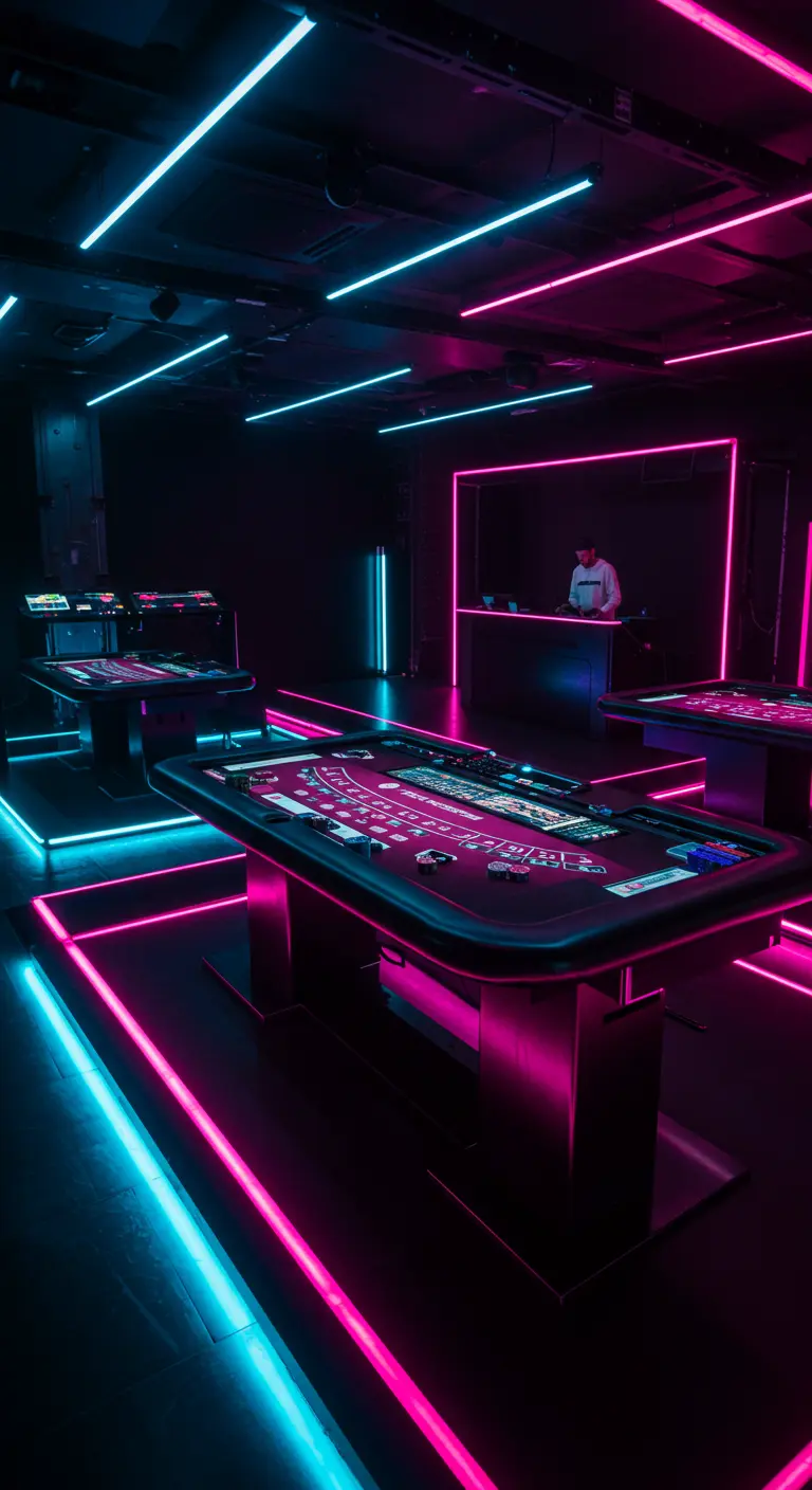 Salle de jeu futuriste éclairée par des lignes de néons bleus et roses.
