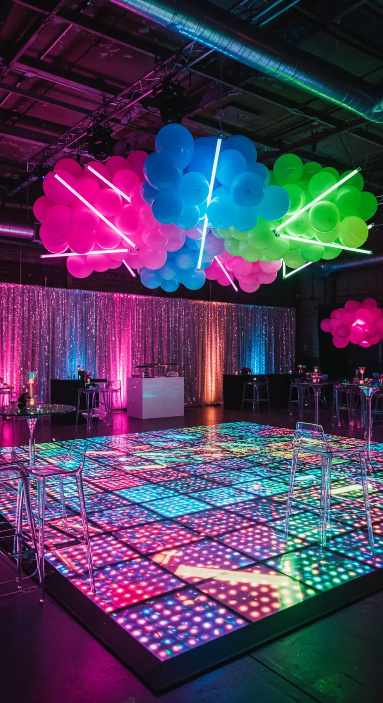 Salle de fête cyberpunk avec rideaux argentés, ballons néon et piste de danse LED multicolore.