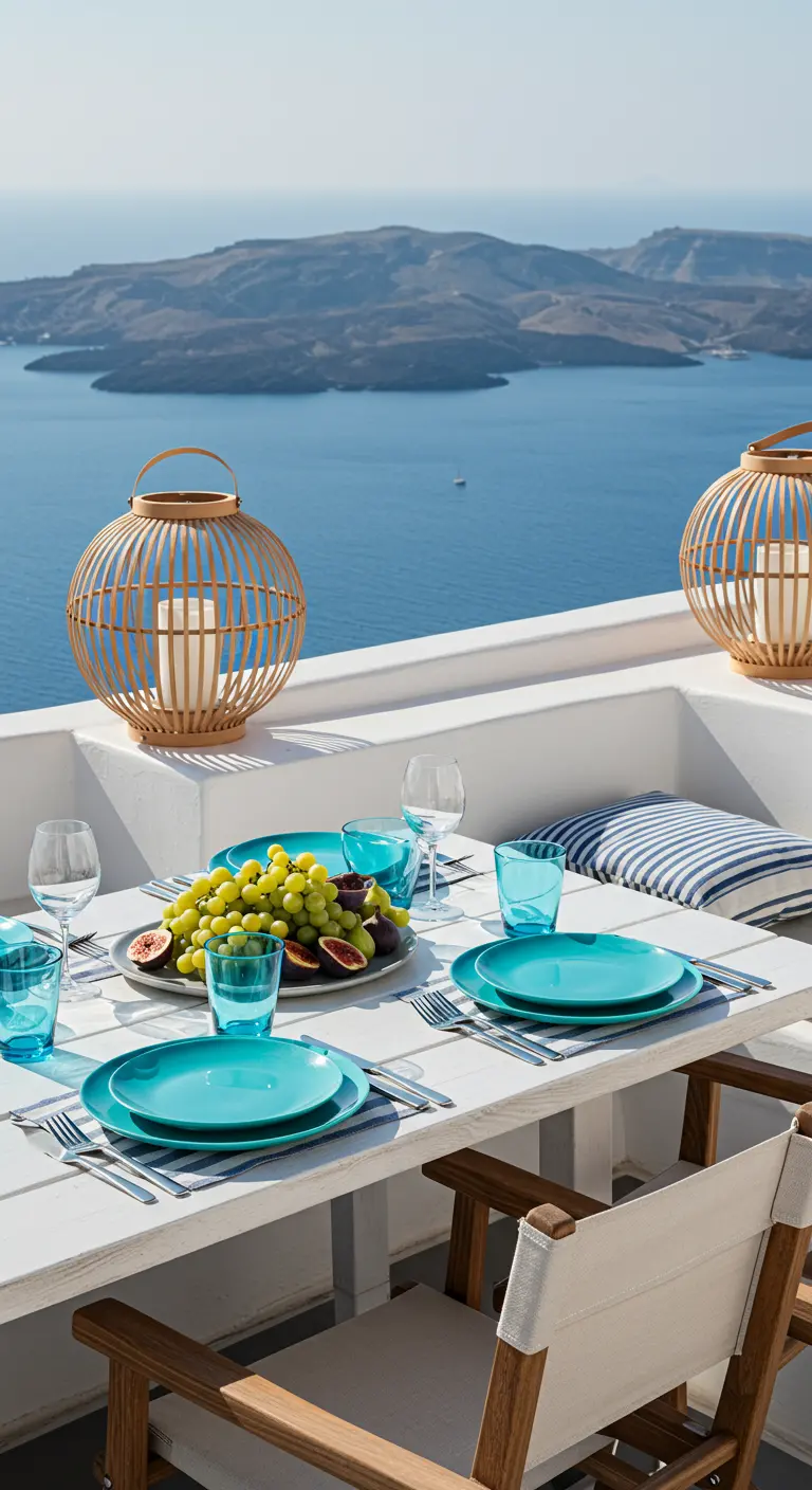 Table blanche et turquoise sur un balcon avec vue sur la mer Égée et les îles grecques.