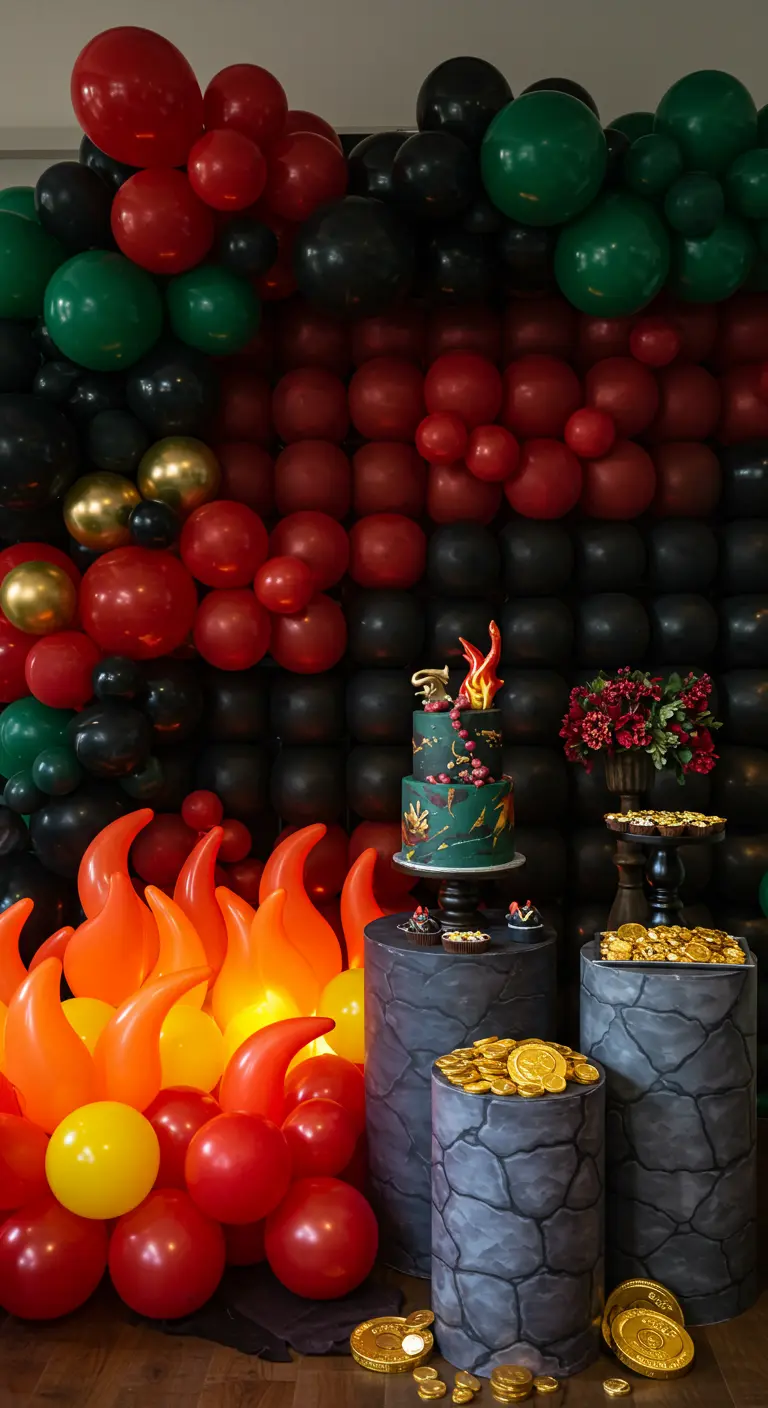Décor de fête sur le thème dragon avec des ballons imitant des flammes.