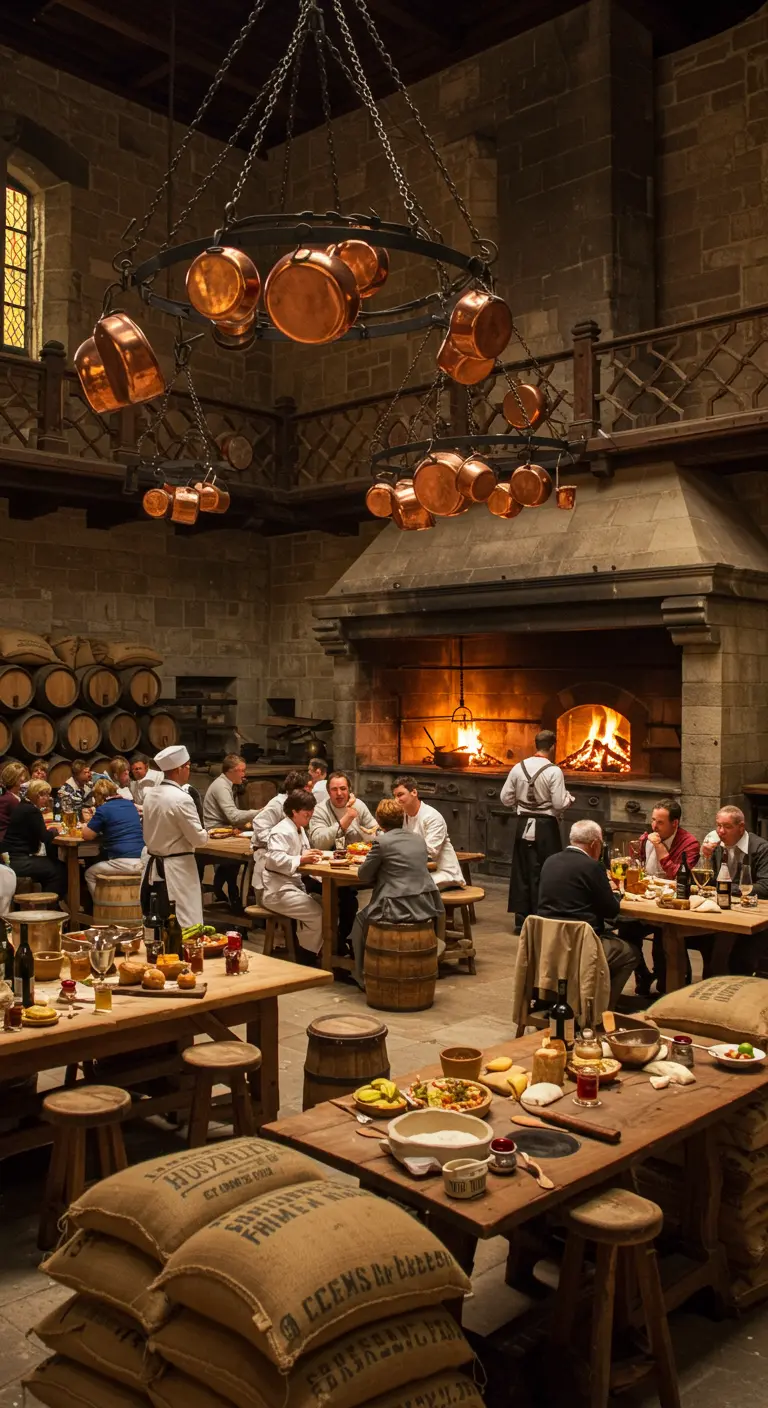 Ambiance animée dans une cuisine de château avec cheminée et casseroles en cuivre.