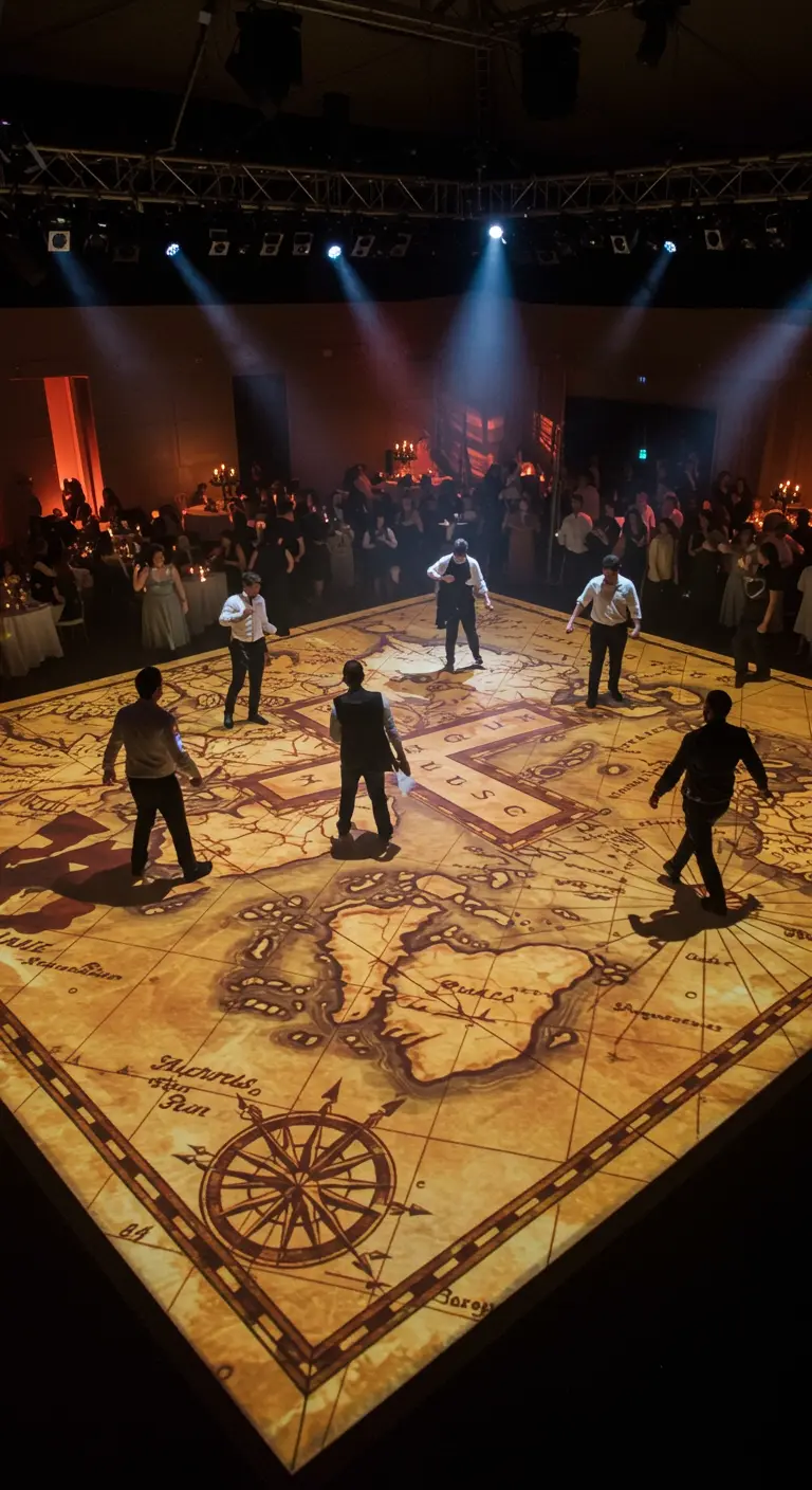 Piste de danse illuminée par la projection d'une immense carte au trésor.