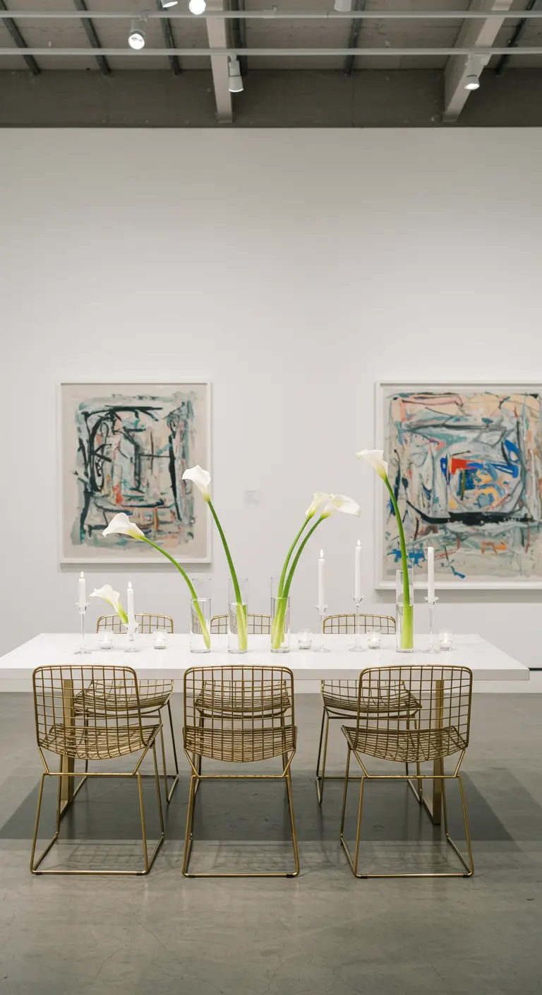 Table de dîner minimaliste dans une galerie d'art, avec des chaises en fil doré et des arums.