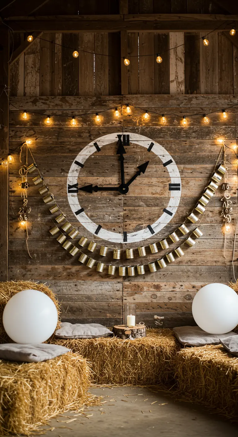 Horloge peinte sur un mur en bois, avec des guirlandes lumineuses et des bottes de foin.