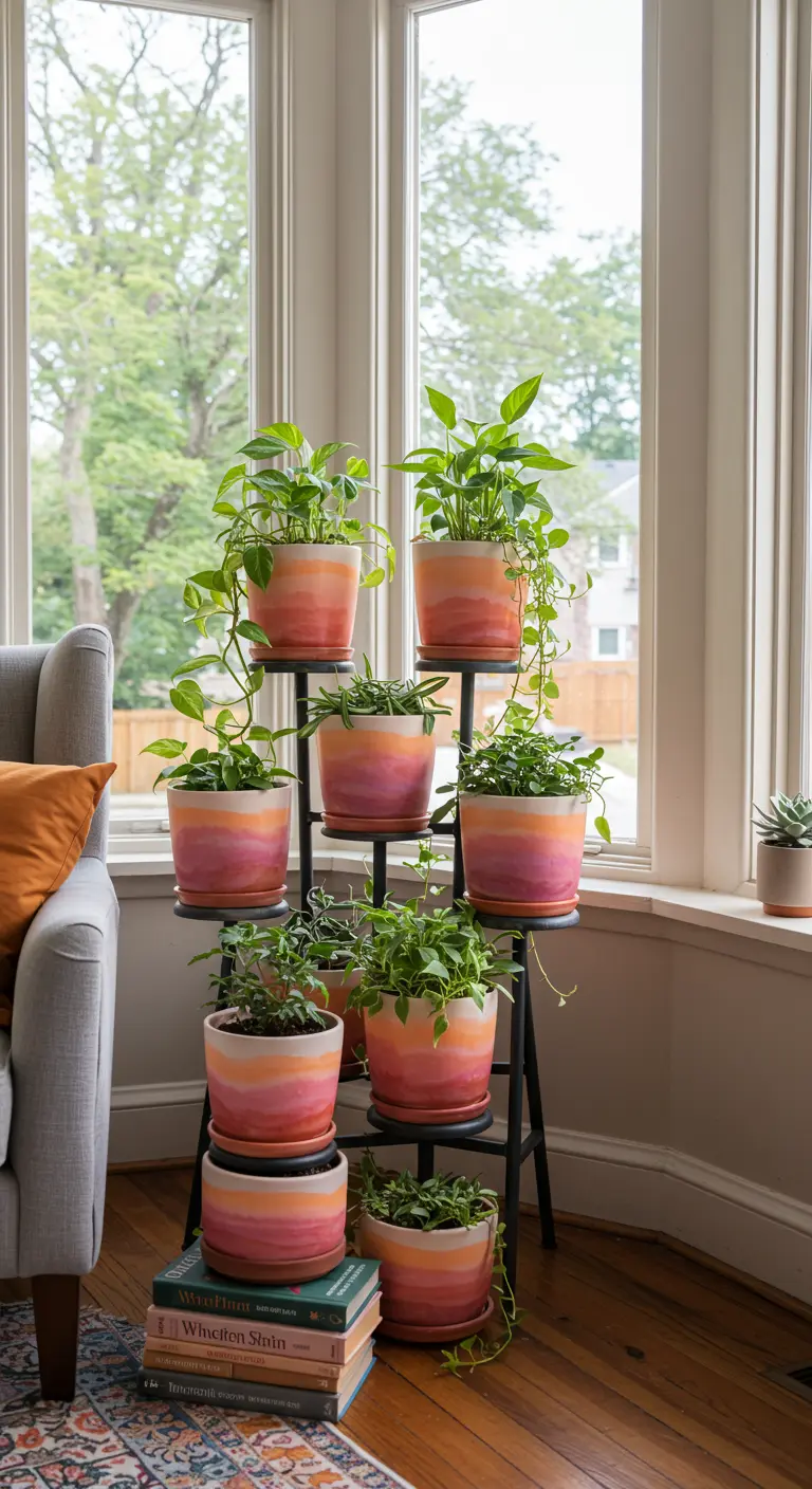 Pots de fleurs avec un dégradé de couleurs chaudes sur un support à plantes.