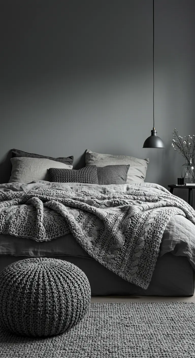 Chambre entièrement grise avec un lit superposant différentes textures de maille et de lin.