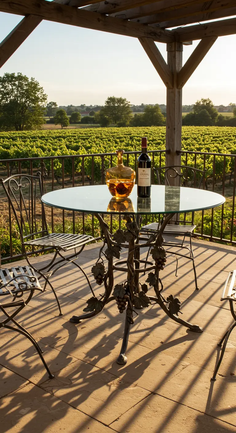 Table en fer forgé sur une terrasse surplombant un vignoble.