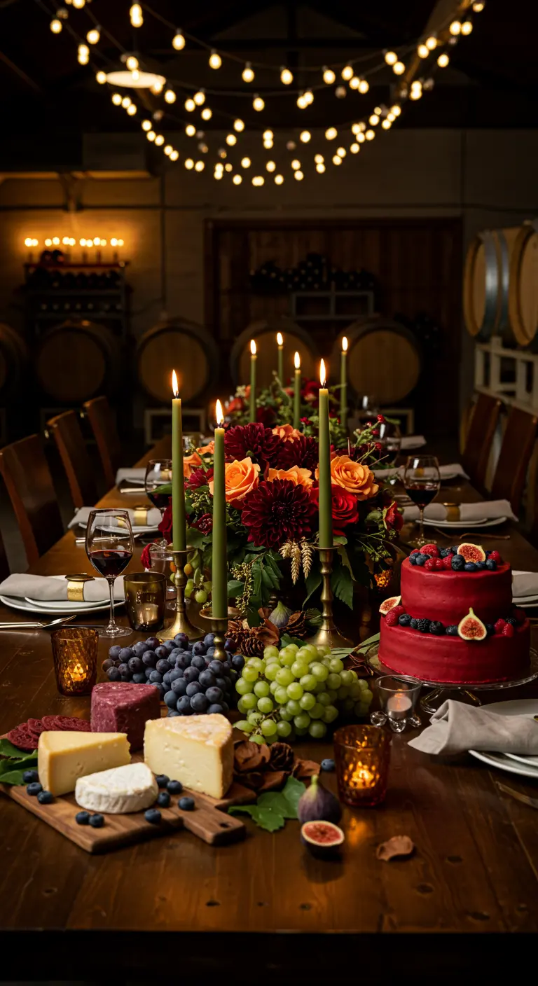 Table de dégustation automnale avec fleurs rouges/oranges, bougies vertes, raisins, fromages et tonneaux de vin.