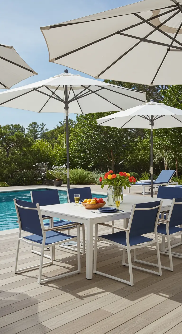 Table à manger blanche et chaises bleues au bord d'une piscine, sous des parasols.