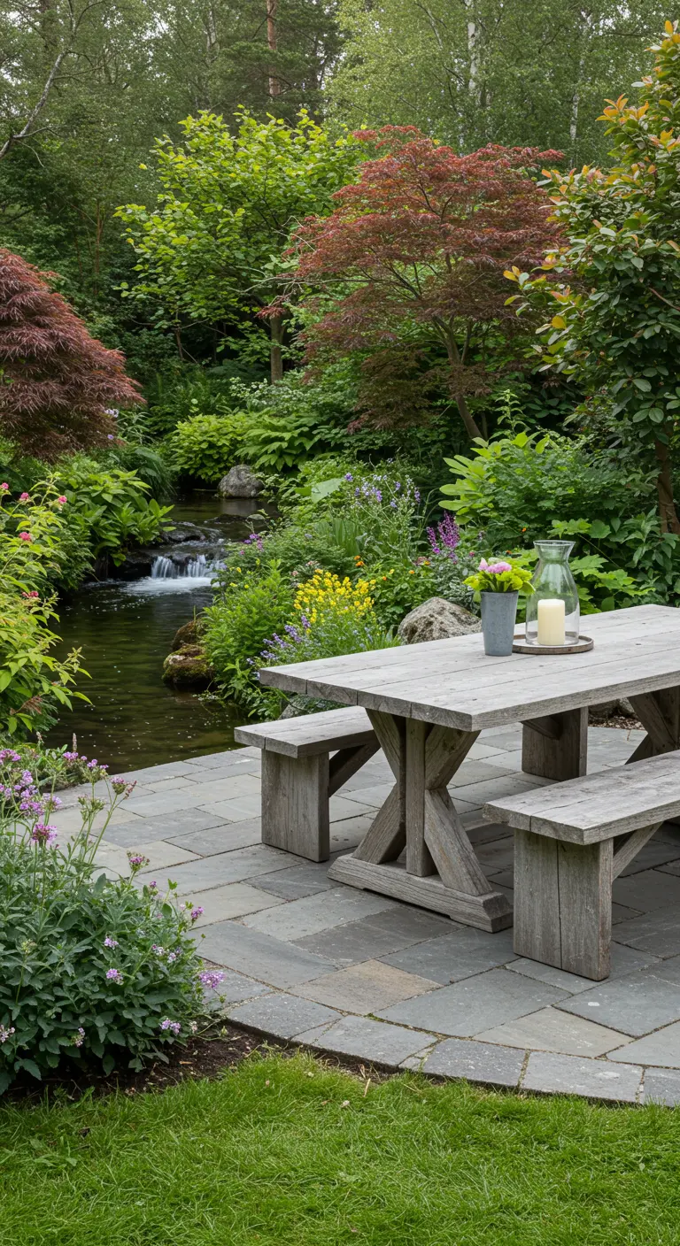 Table de pique-nique en bois clair sur une terrasse en dalles près d'un petit ruisseau.