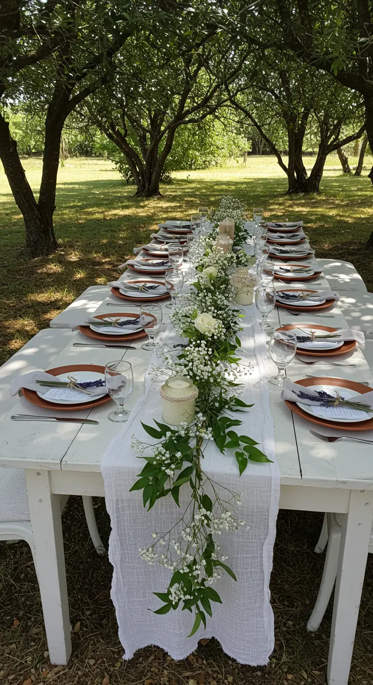 Longue table blanche en extérieur, décorée de gypsophile et de lavande.